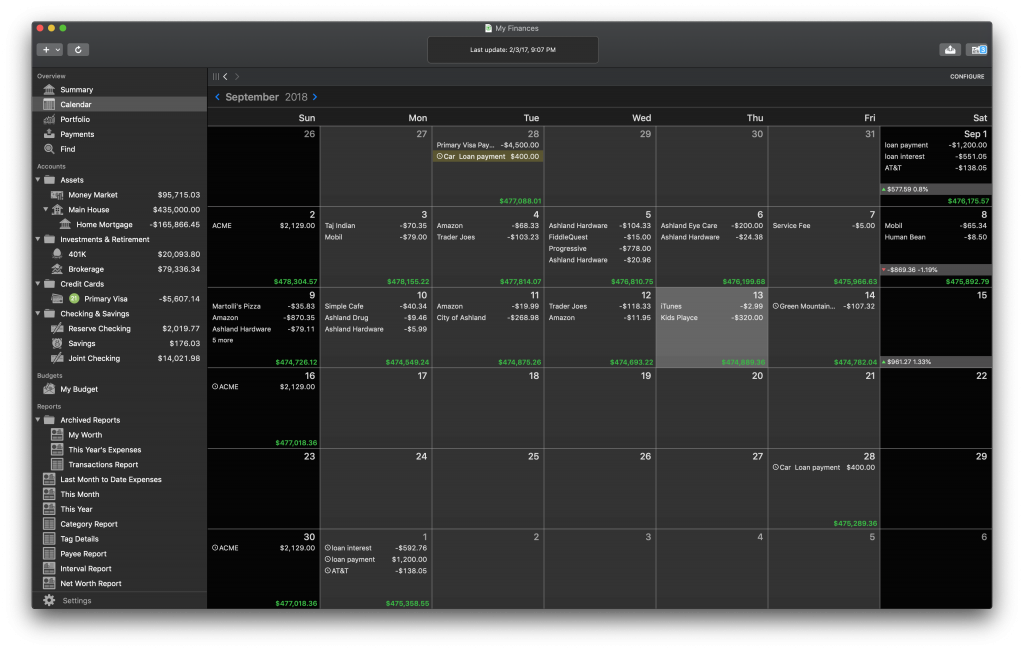 Banktivity 7 Calendar View Dark Mode