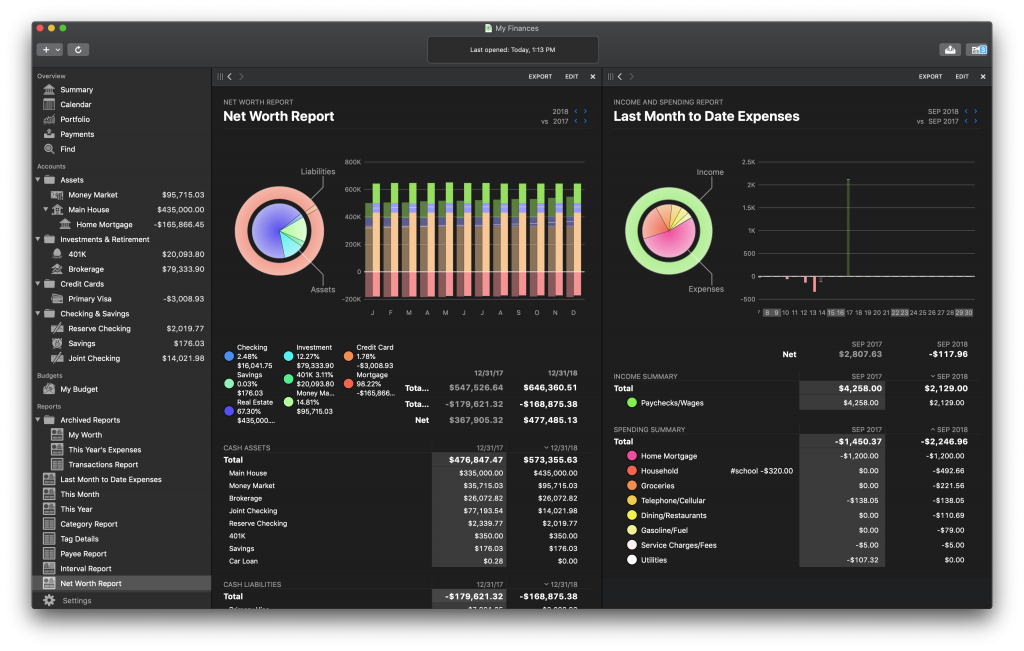 Banktivity in Dark Mode with two reports in workspaces