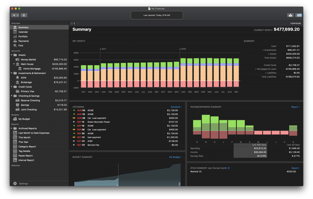 Banktivity 7 Summary screen in Dark Mode