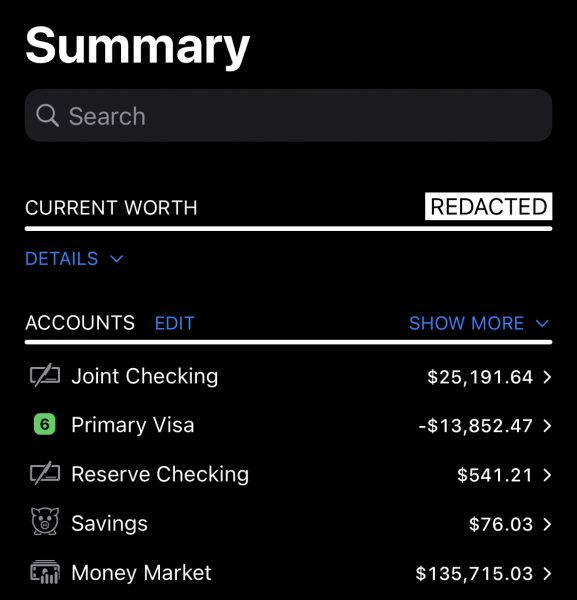 Redacted net worth on the summary screen of iPhone for Banktivity