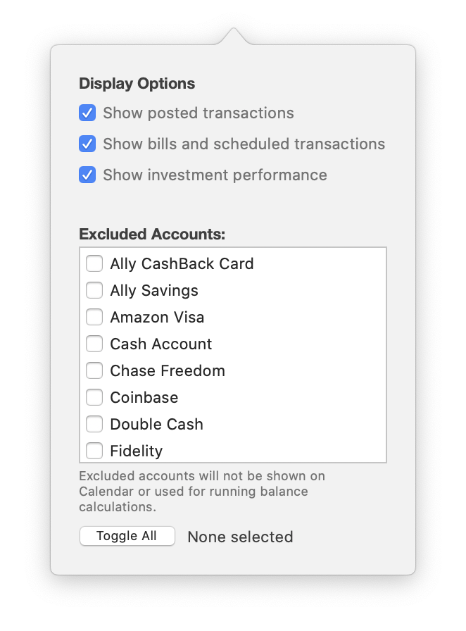 Banktivity calendar configuration popover