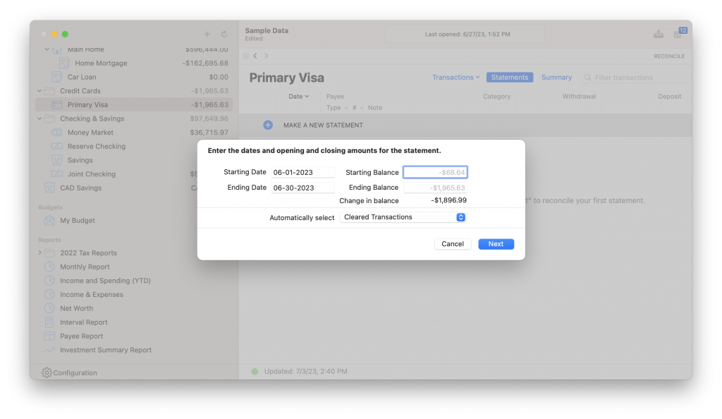 Screenshot of Banktivity reconcile sheet